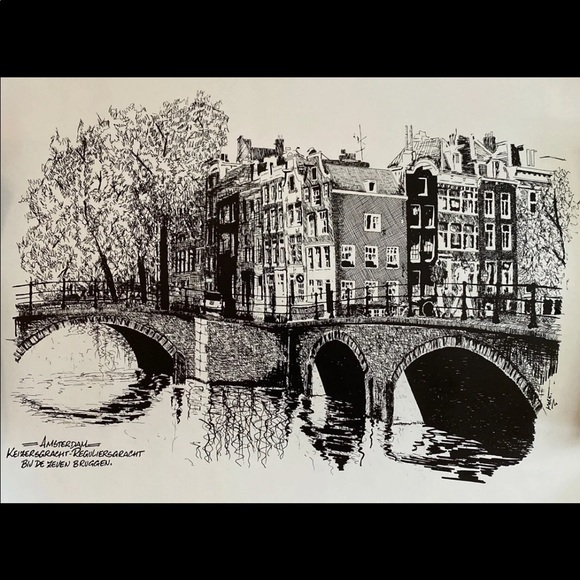 Amsterdam Scenic Bridge B&W Ink Sketch Print